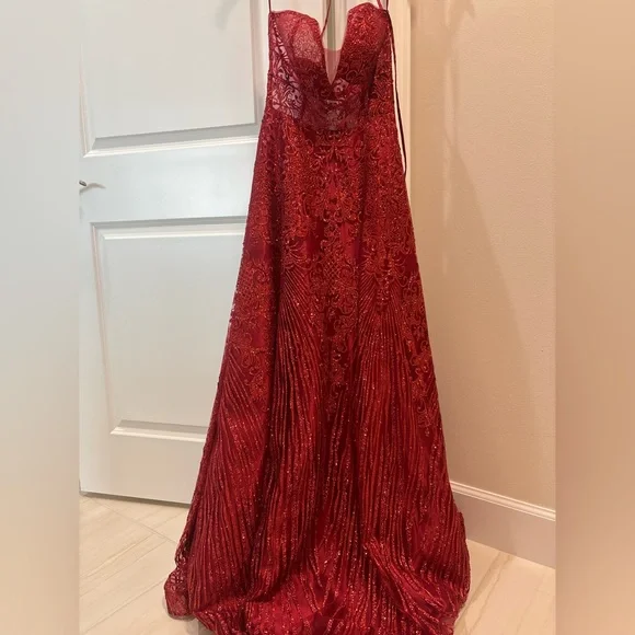 Coya Collection Embroidered Illusion Waist Sparkle A line Dress Burgundy Red - Picture 4 of 4